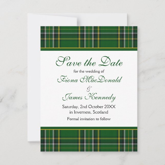 Irish National Tartan Wedding Save the Date Card (Front)