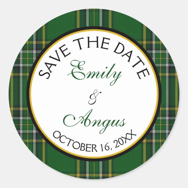 Irish National Tartan Wedding Save the Date Classic Round Sticker (Front)