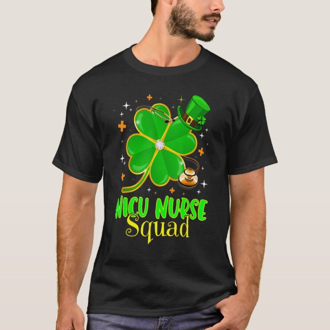 Irish NICU Nurse Shamrock Squad Stethoscope St Pat T-Shirt (Front)
