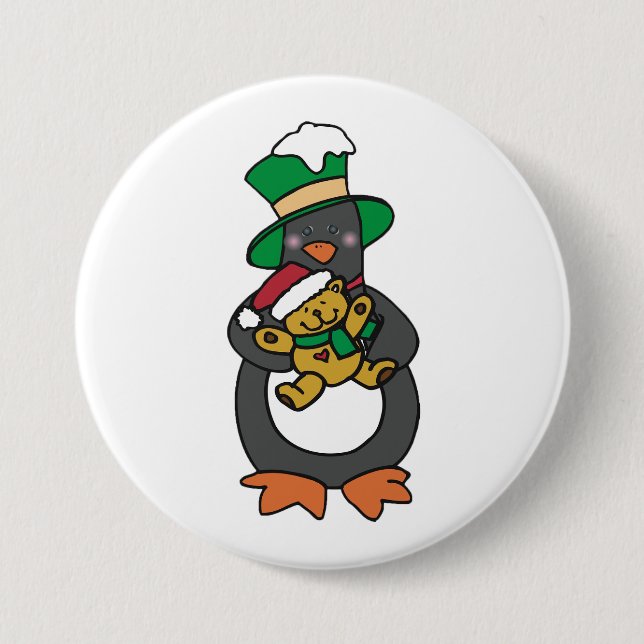 Irish Penguin Holding Christmas Teddy Bear 3 Inch Round Button (Front)