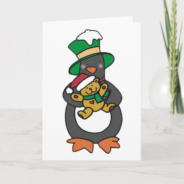 Irish Penguin Holding Christmas Teddy Bear Card (Front)