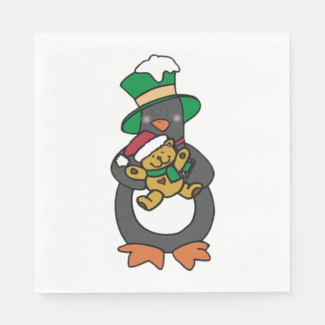 Irish Penguin Holding Christmas Teddy Bear Napkin (Front)