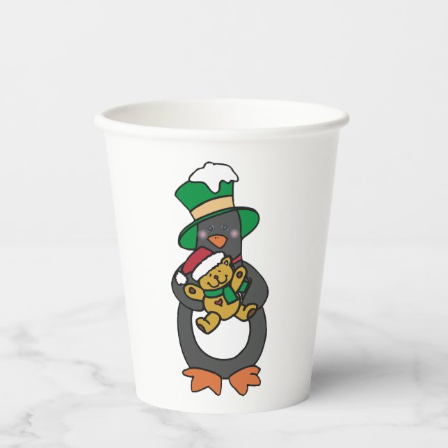 Irish Penguin Holding Christmas Teddy Bear Paper Cups (Front)
