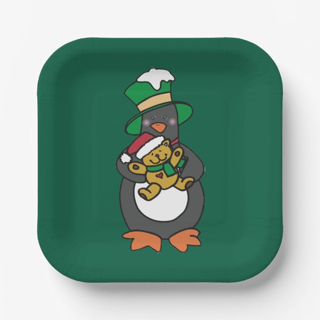 Irish Penguin Holding Christmas Teddy Bear Paper Plate (Front)