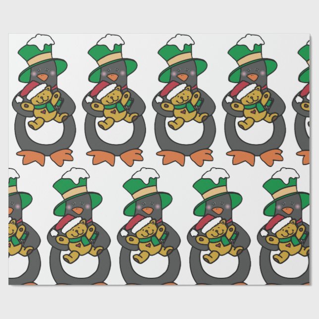 Irish Penguin Holding Christmas Teddy Bear Wrapping Paper (Flat)