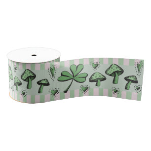 Irish Pink & Green Shamrocks Hearts & Mushrooms 3" Grosgrain Ribbon