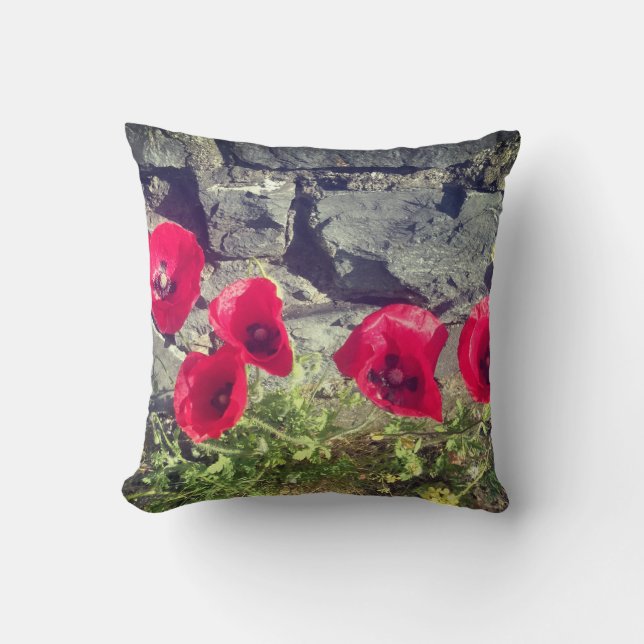 IRISH POPPY AND STONE WALL THROW PILLOW (Front)