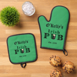 Irish Pub Bar Tavern BBQ Oven Mitt & Pot Holder Set