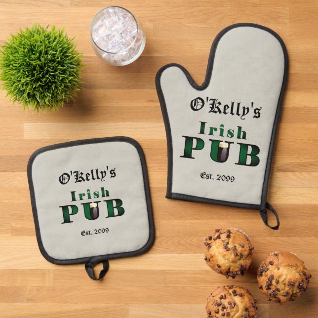 Irish Pub Bar Tavern BBQ Oven Mitt & Pot Holder Set (Top Down)