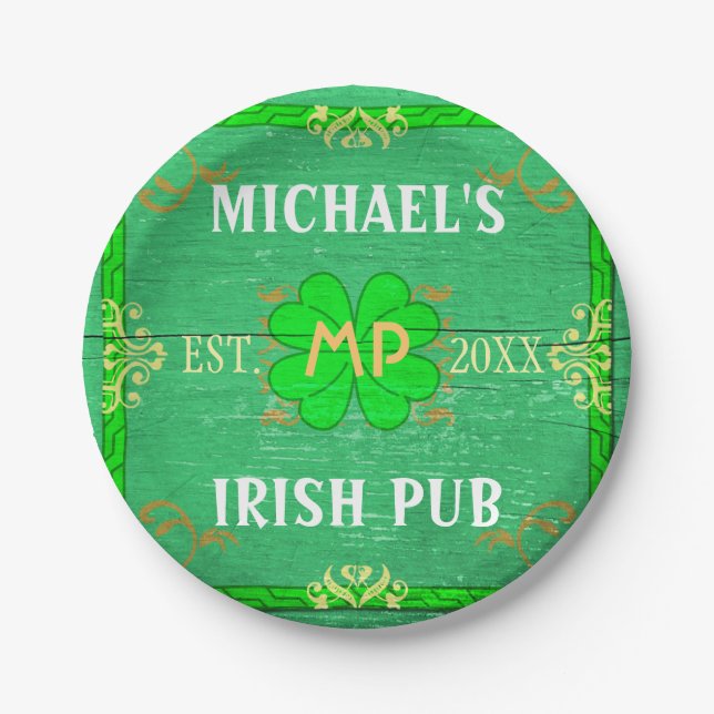 Irish Pub Sign St Patricks Bar Beer | Custom Name Paper Plate (Front)