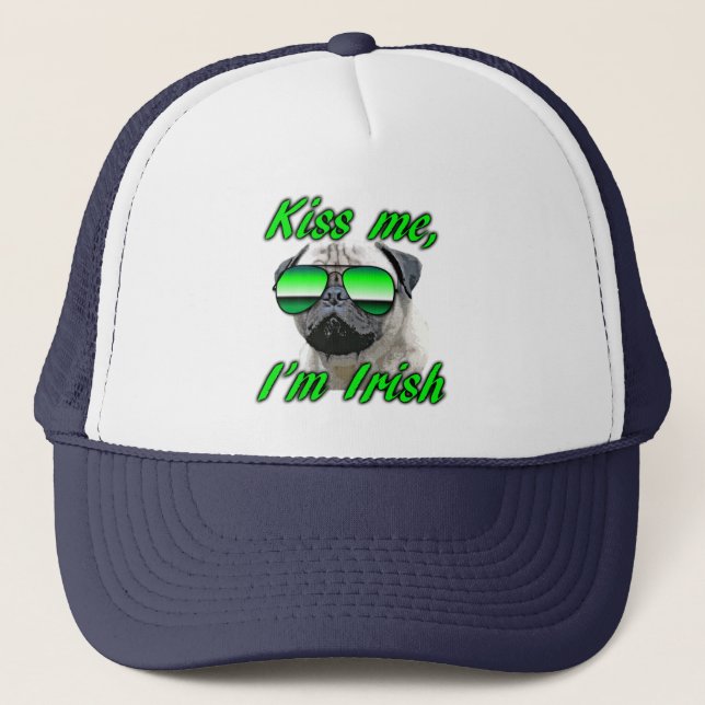 Irish Pug, Funny Kiss Me St. Patrick's day Trucker Hat (Front)