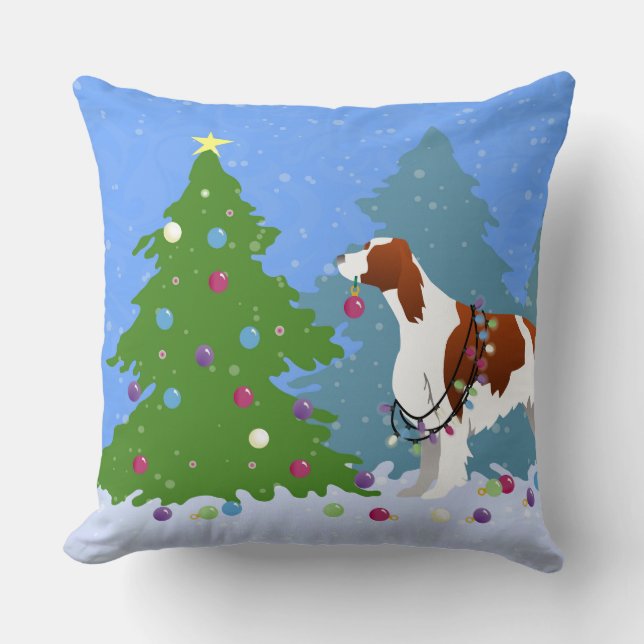 Irish Red and White Setter Decorating Tree Throw Pillow (Front)