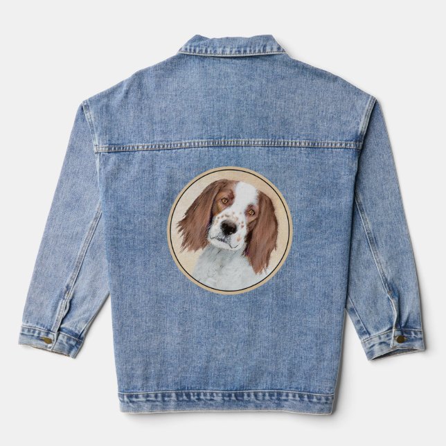 Irish Red and White Setter Painting - Original Art Denim Jacket (Back)
