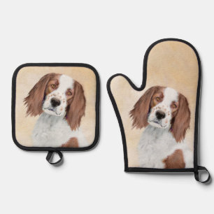 Irish Red and White Setter Painting Original Art Oven Mitt & Pot Holder Set