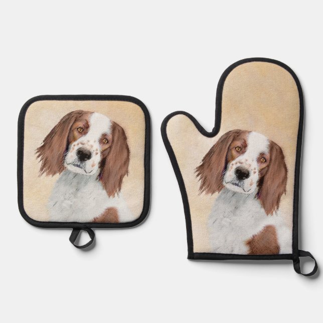 Irish Red and White Setter Painting Original Art Oven Mitt & Pot Holder Set (Front)
