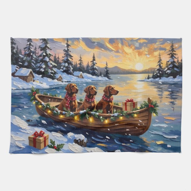 Irish Red Setter Christmas Boat Holiday Kitchen Towel (Horizontal)
