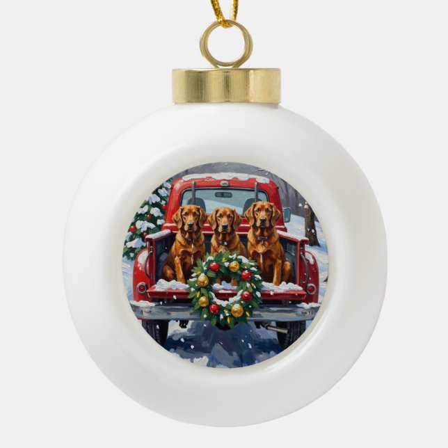 Irish Red Setter Christmas Red Truck Holiday Ceramic Ball Christmas Ornament (Front)