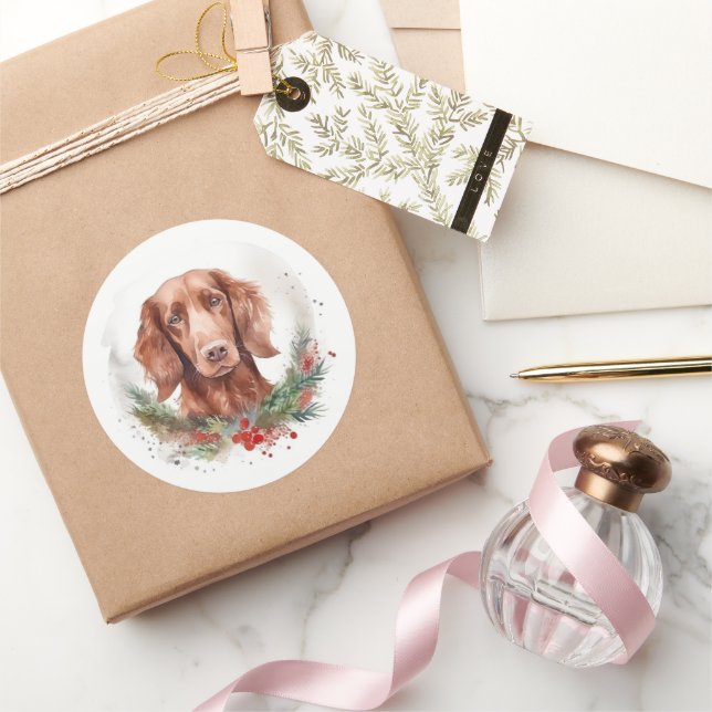 Irish Red Setter Christmas Wreath Festive Pup  Classic Round Sticker (Gifting)