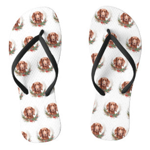 Irish Red Setter Christmas Wreath Festive Pup  Flip Flops