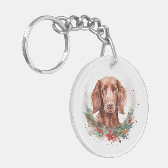 Irish Red Setter Christmas Wreath Festive Pup  Keychain (Front Left)
