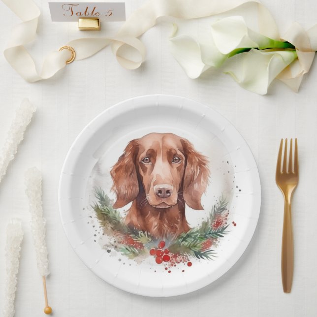 Irish Red Setter Christmas Wreath Festive Pup  Paper Plate (Wedding)