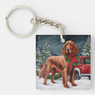 Irish Red Setter Dog in Snow Christmas Keychain