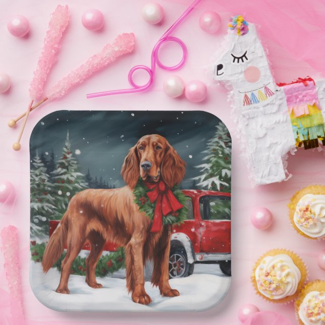 Irish Red Setter Dog in Snow Christmas Paper Plate (Party)