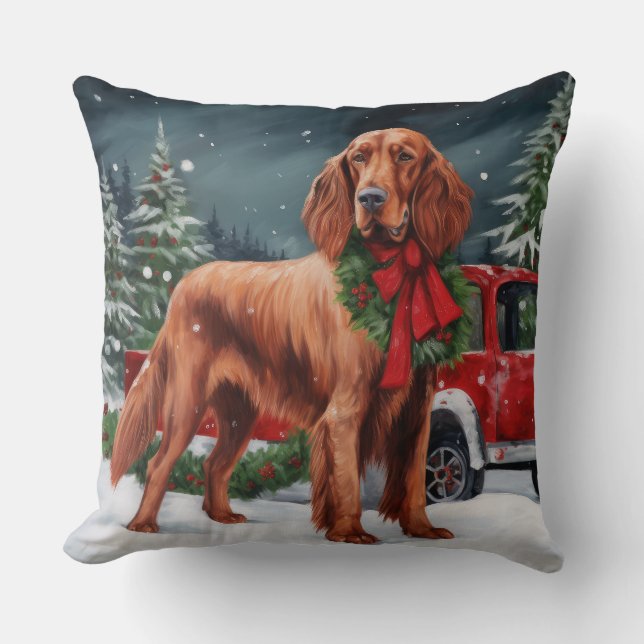 Irish Red Setter Dog in Snow Christmas Throw Pillow (Front)