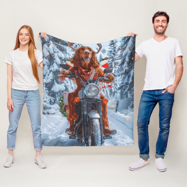 Irish Red Setter Dog Riding Motorcycle Christmas Fleece Blanket (In Situ)