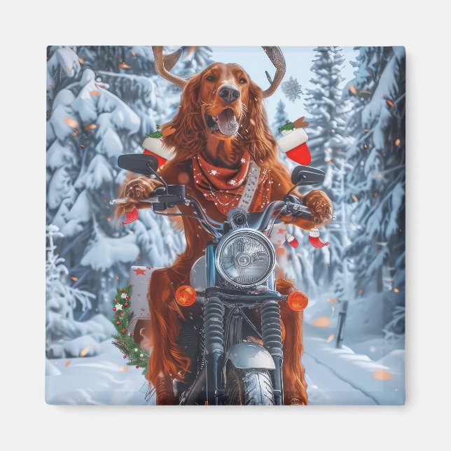 Irish Red Setter Dog Riding Motorcycle Christmas Magnet (Front)