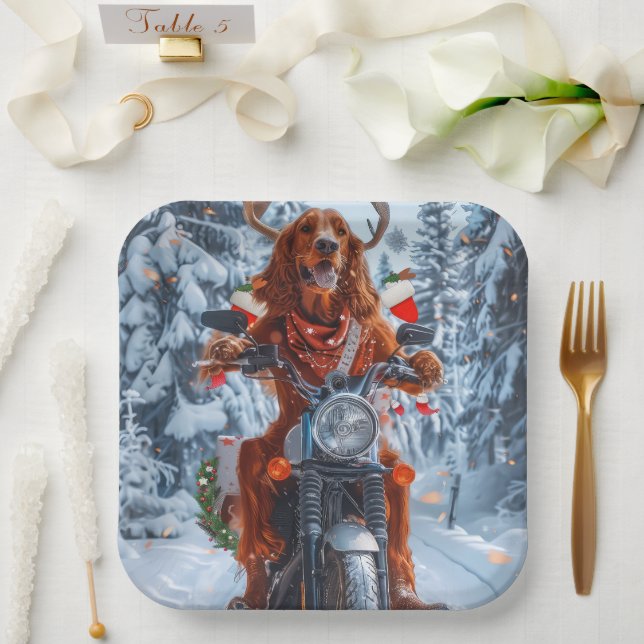 Irish Red Setter Dog Riding Motorcycle Christmas Paper Plate (Wedding)
