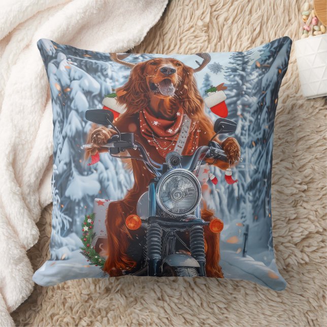 Irish Red Setter Dog Riding Motorcycle Christmas Throw Pillow (Blanket)