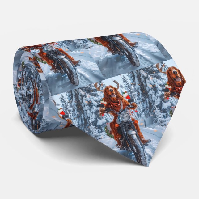 Irish Red Setter Dog Riding Motorcycle Christmas Tie (Rolled)
