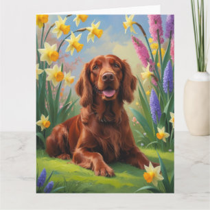Irish Red Setter Dog Spring Flowers Painting  Card