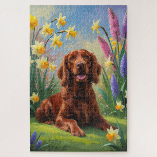 Irish Red Setter Dog Spring Flowers Painting Jigsaw Puzzle