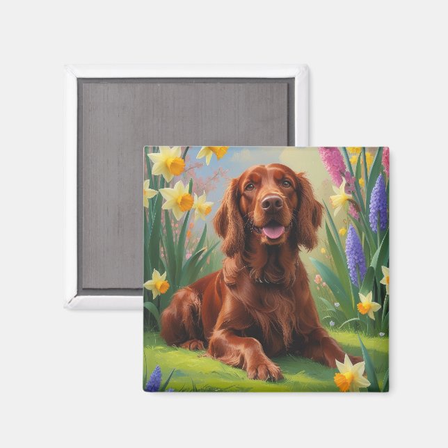 Irish Red Setter Dog Spring Flowers Painting  Magnet (Front/Back)
