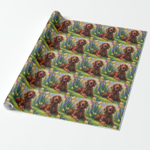 Irish Red Setter Dog Spring Flowers Painting  Wrapping Paper