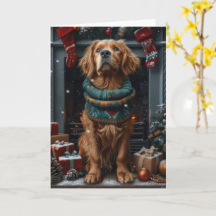 Irish Red Setter Dog With Christmas Gift Fireplace Card