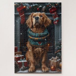 Irish Red Setter Dog With Christmas Gift Fireplace Jigsaw Puzzle