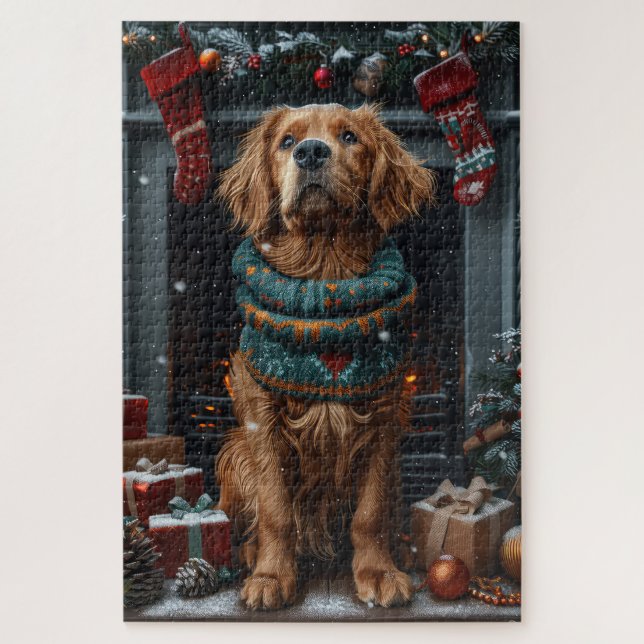 Irish Red Setter Dog With Christmas Gift Fireplace Jigsaw Puzzle (Vertical)