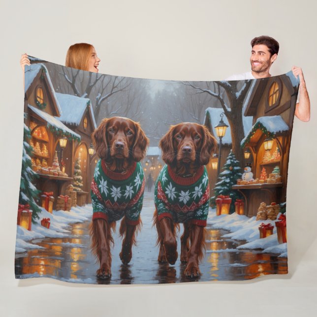 Irish Red Setter Dogs Christmas Snow Holiday Fleece Blanket (In Situ)