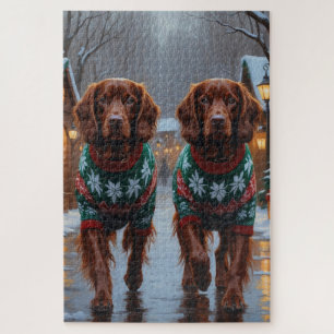 Irish Red Setter Dogs Christmas Snow Holiday Jigsaw Puzzle