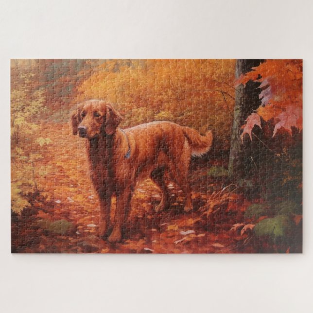 Irish Red Setter in Autumn Leaves Fall Inspire  Jigsaw Puzzle (Horizontal)