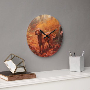 Irish Red Setter in Autumn Leaves Fall Inspire  Large Clock