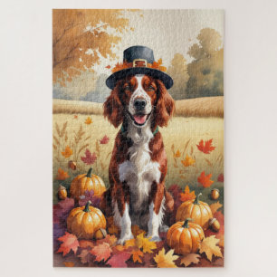 Irish Red Setter In Autumn Leaves Thanksgiving Art Jigsaw Puzzle