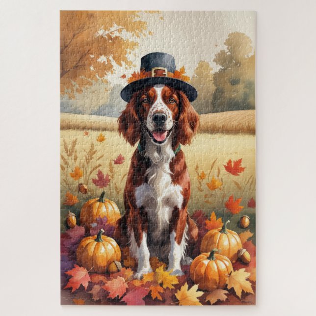 Irish Red Setter In Autumn Leaves Thanksgiving Art Jigsaw Puzzle (Vertical)