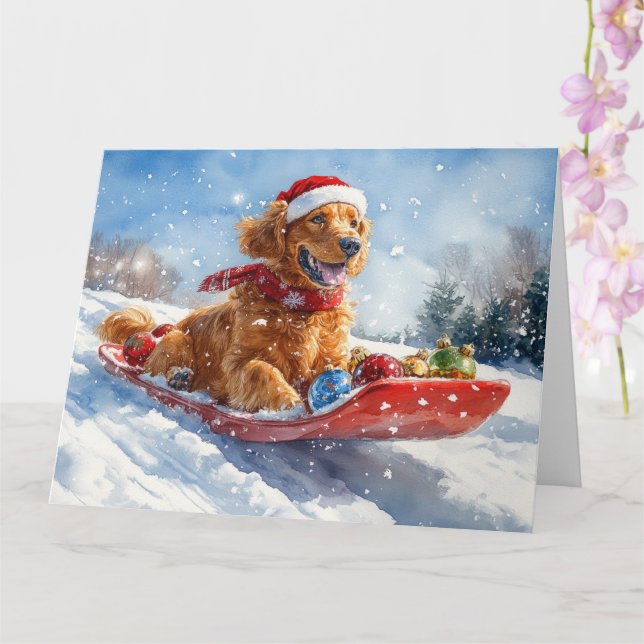 Irish Red Setter in Sledge Let it Snow Christmas Card (Orchid)