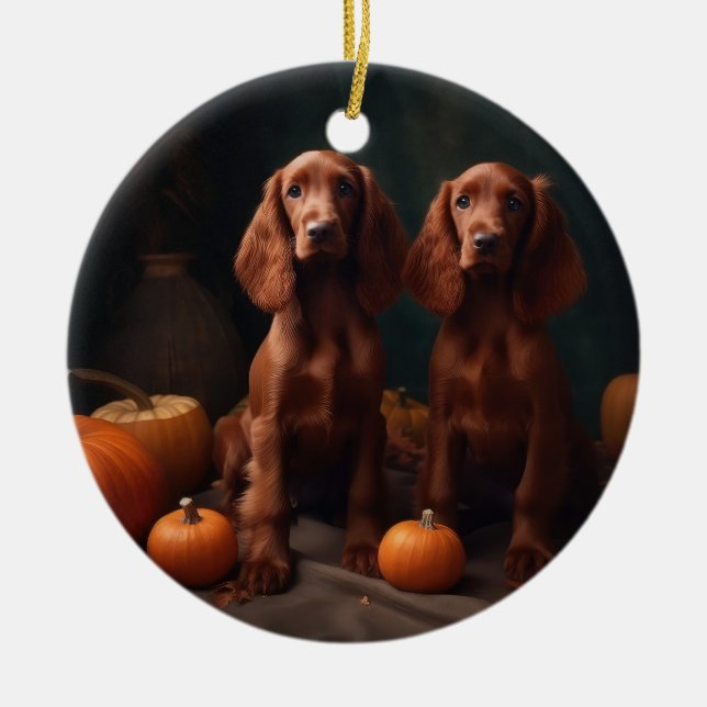 Irish Red Setter Puppy Autumn Delight Pumpkin Ceramic Ornament (Front)