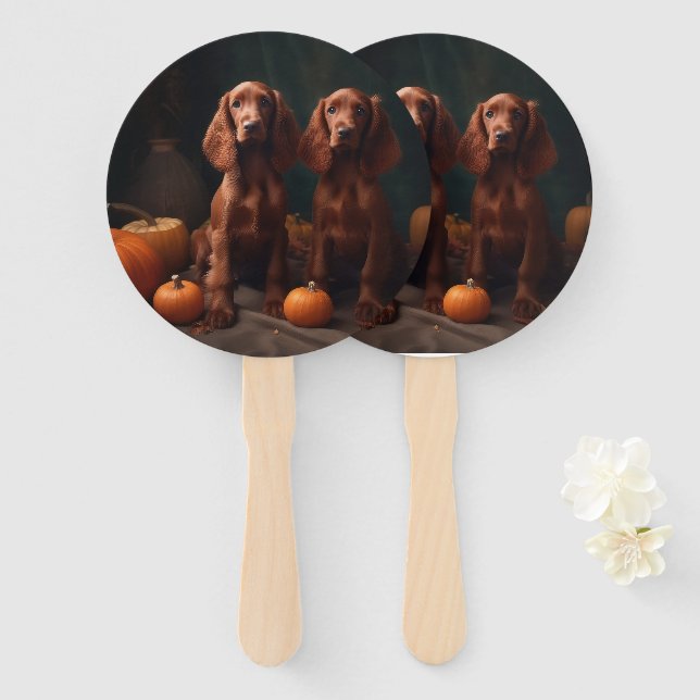Irish Red Setter Puppy Autumn Delight Pumpkin Hand Fan (Front and Back)