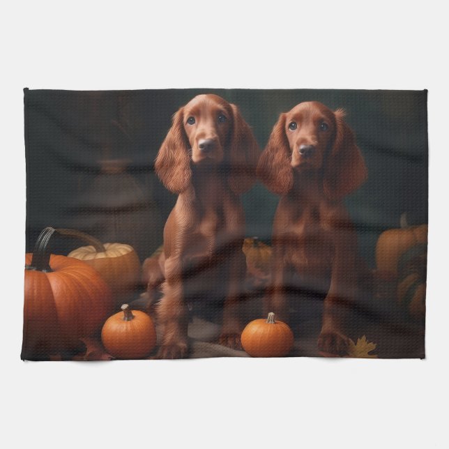Irish Red Setter Puppy Autumn Delight Pumpkin Kitchen Towel (Horizontal)